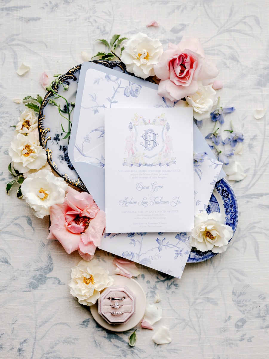 custom watercolor crest wedding invitations