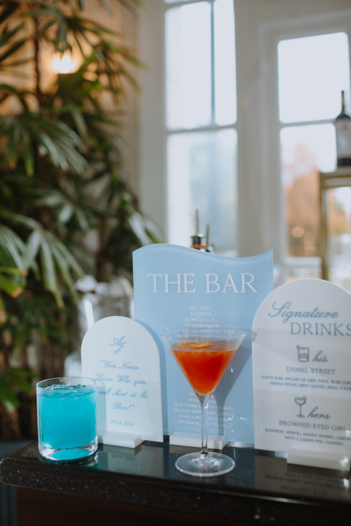 custom blue and white bar menu