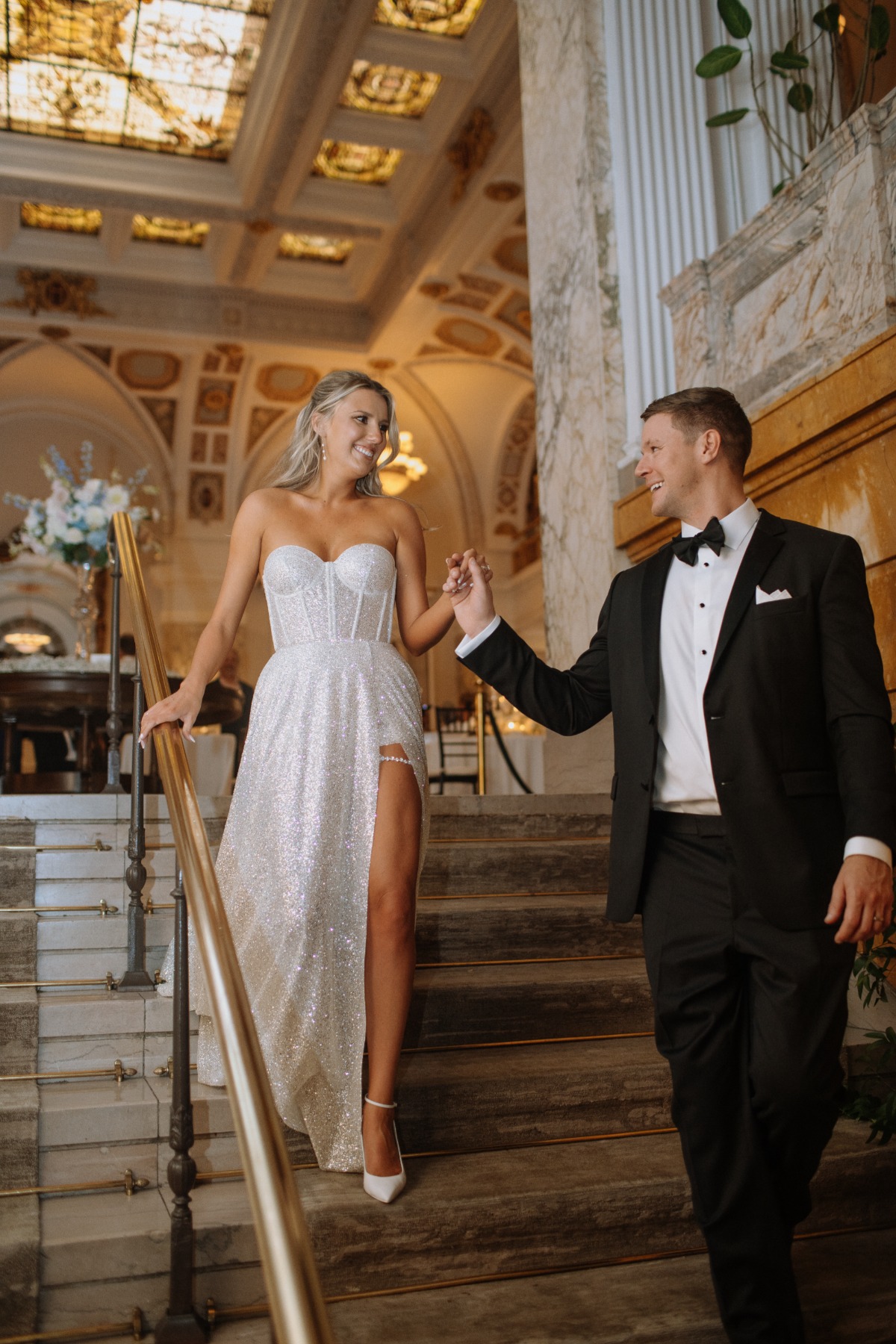 strapless bodice with boning sparkly reception dress
