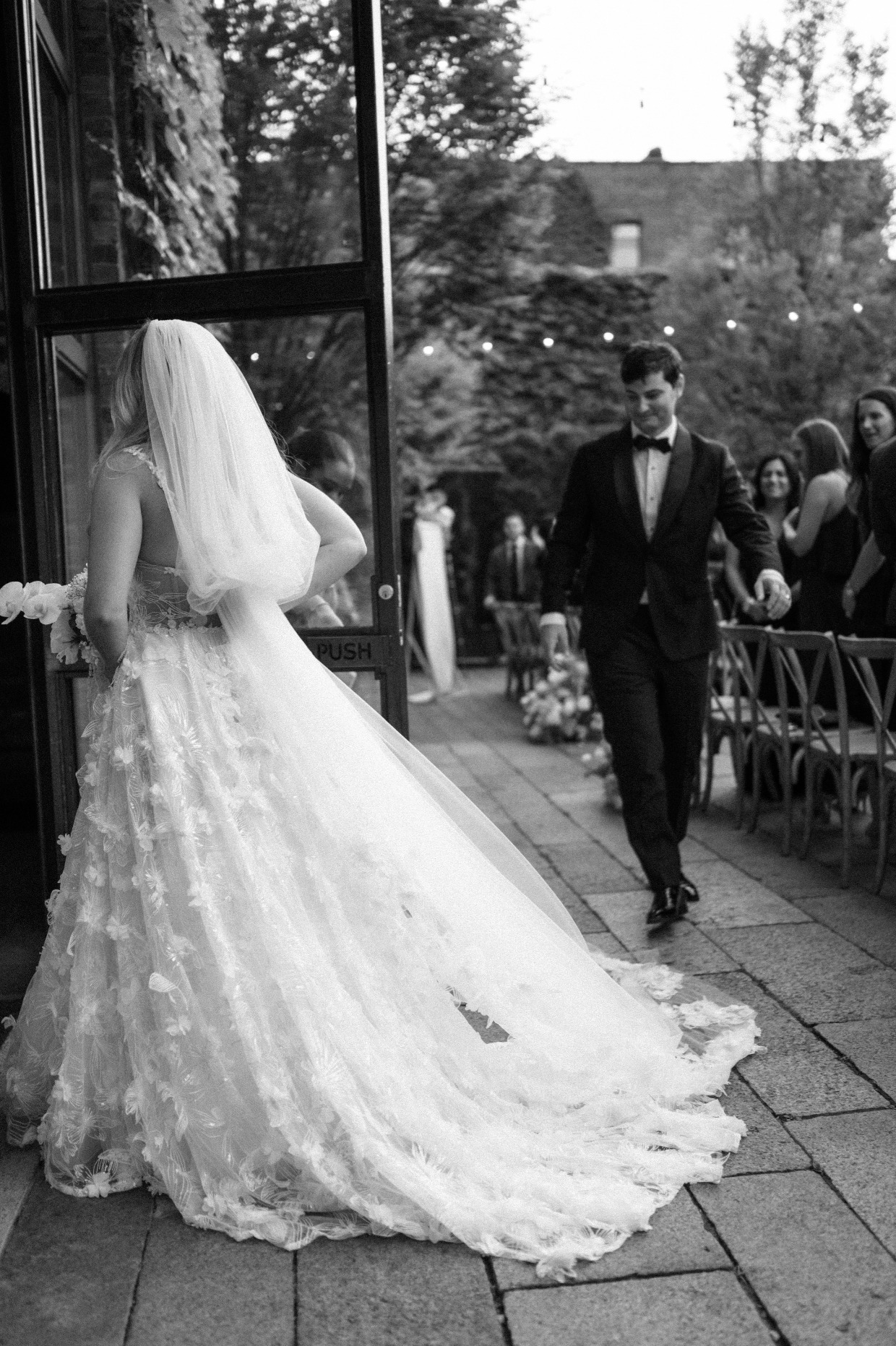 black and white photo of galia lahav fabiana gown