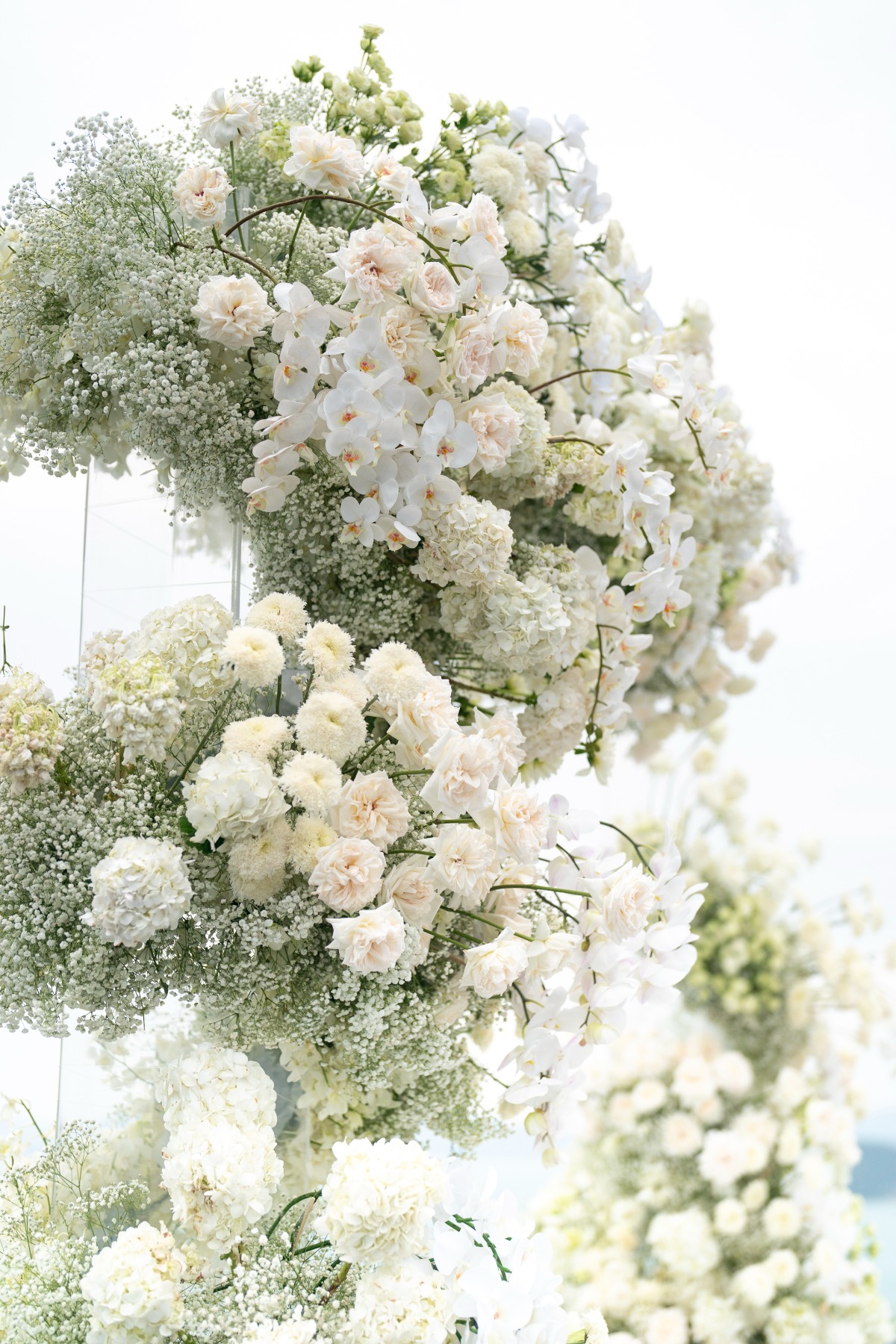 white roses and baby's breath floral arch