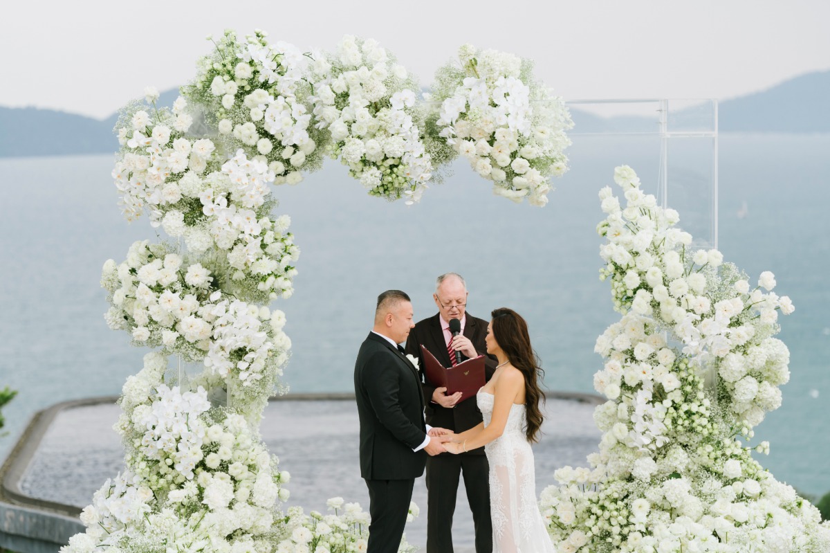 floating asymmetrical wedding ceremony floral arch