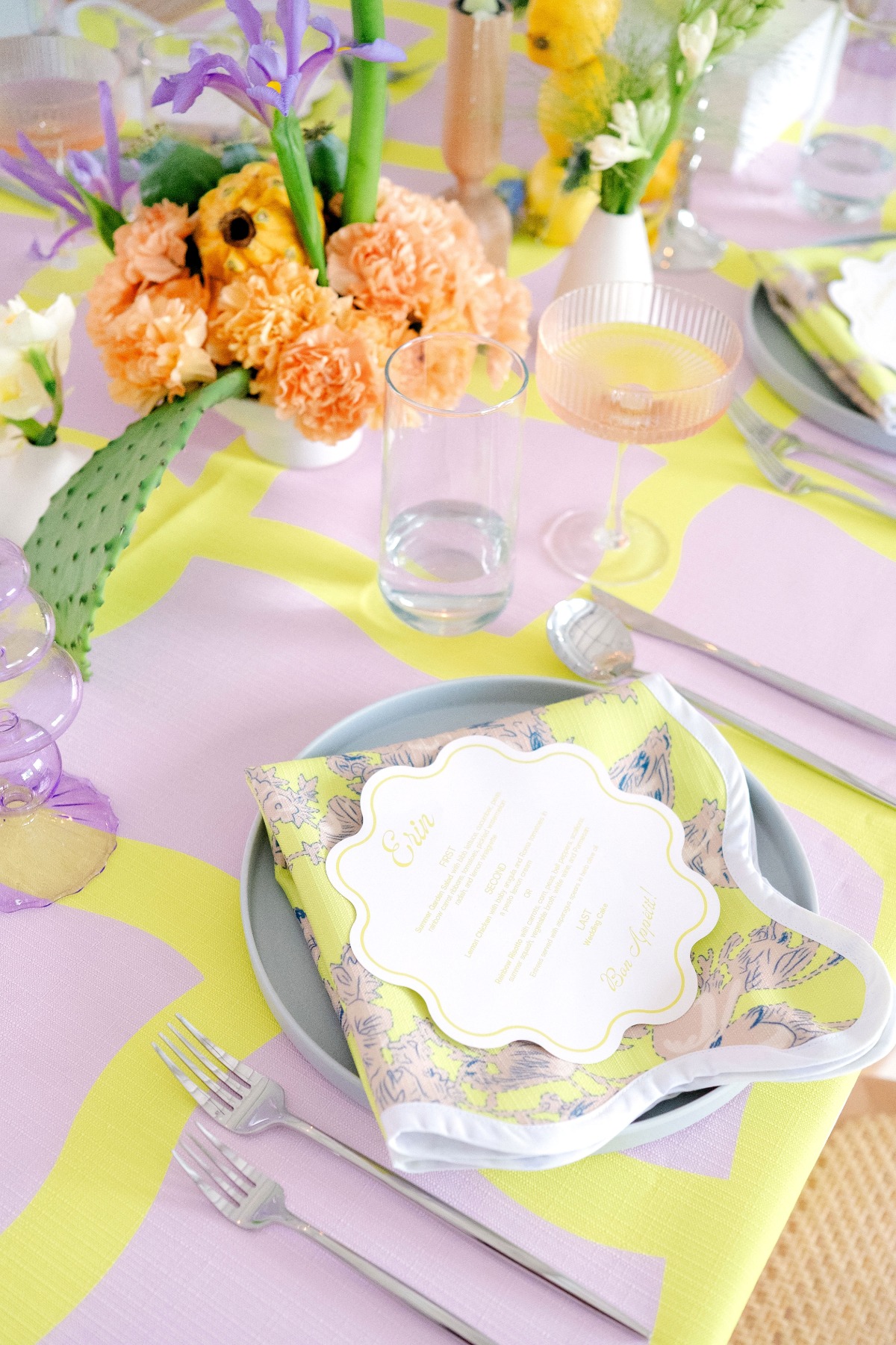 purple and yellow place settings