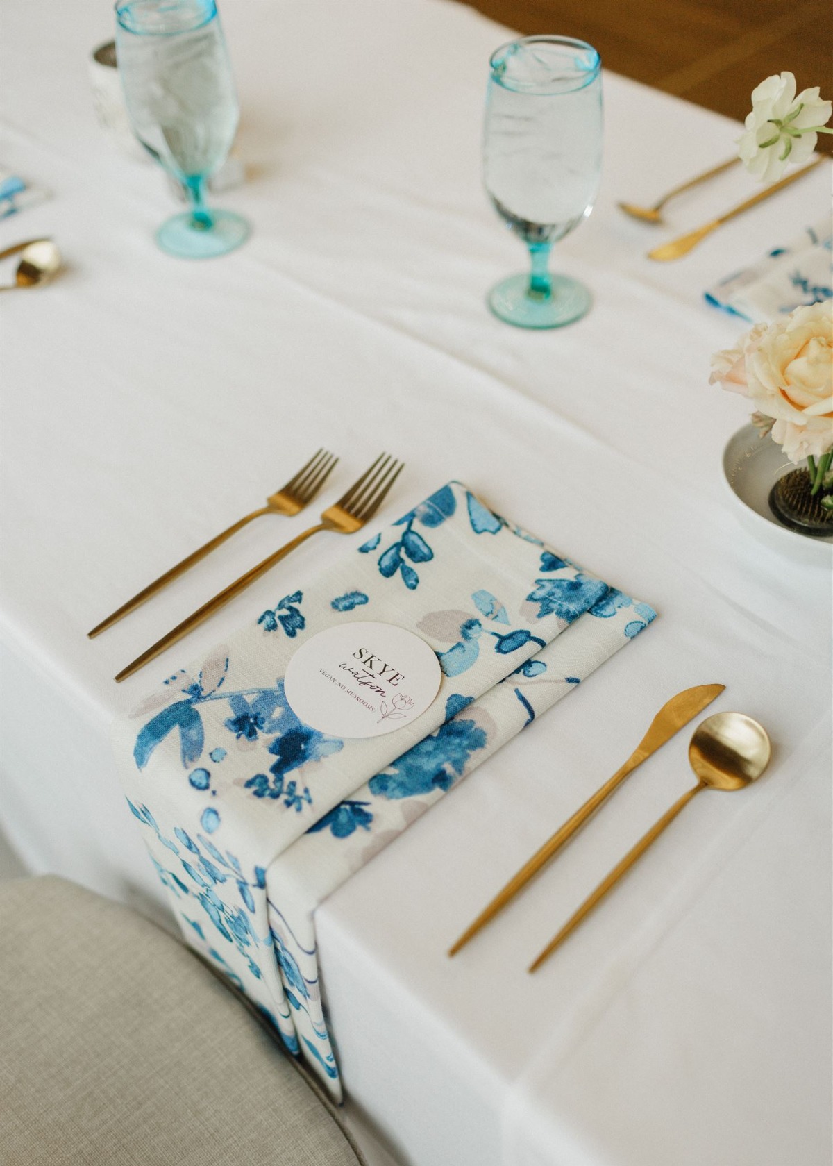 blue and gold place settings