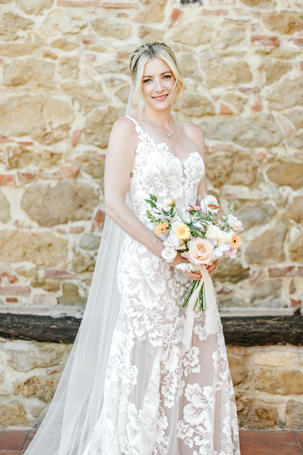 one shouldered lace wedding dress