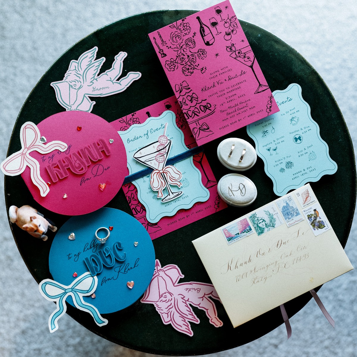 pink and blue wedding invitations