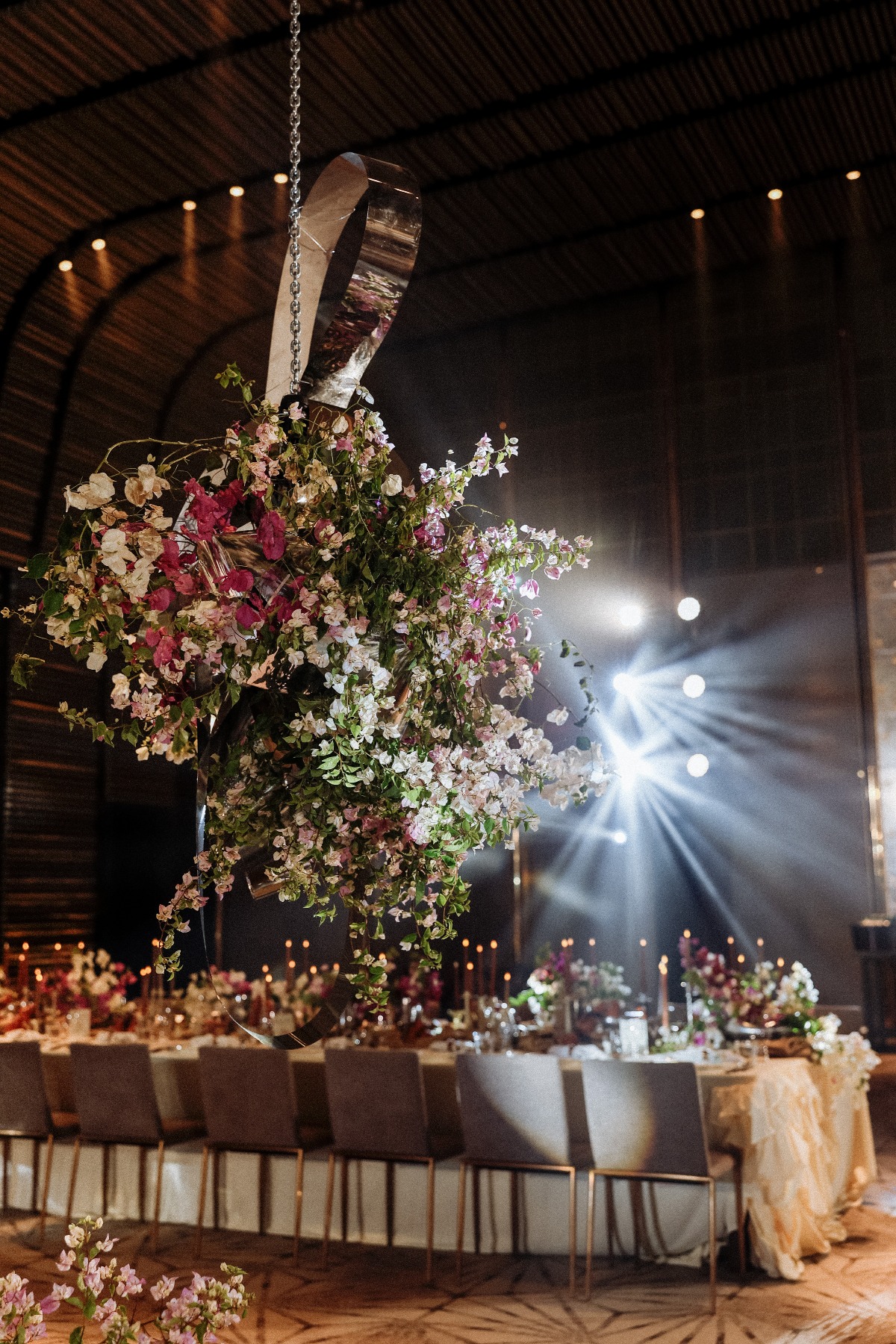 metal and bougainvillea floral installation