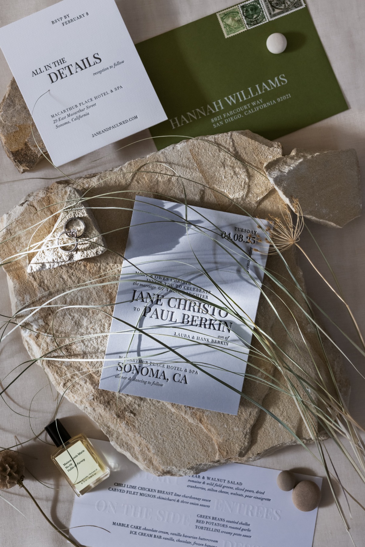 green and ivory wedding invitation suite