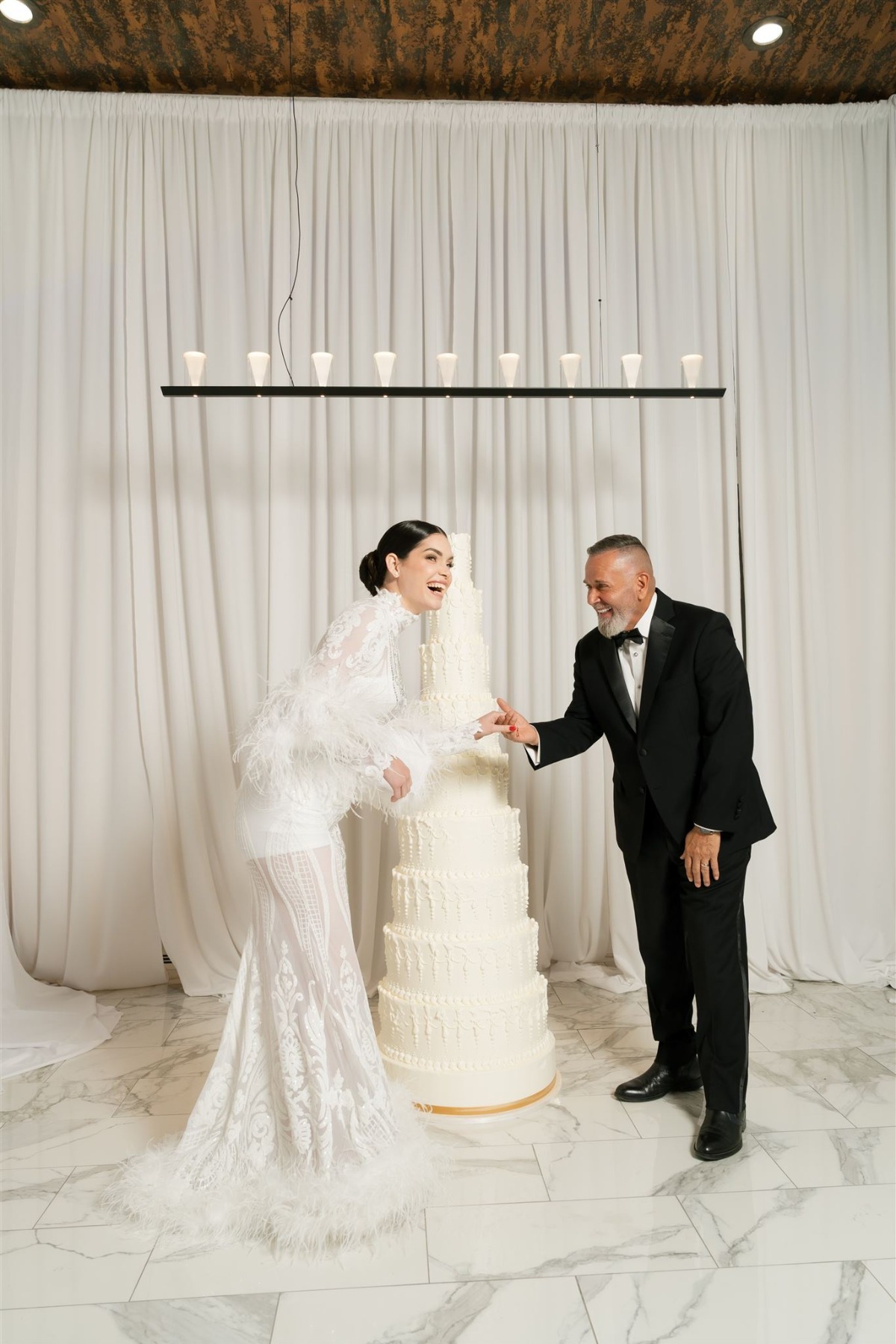 sheer feather-trimmed reception dress for bride
