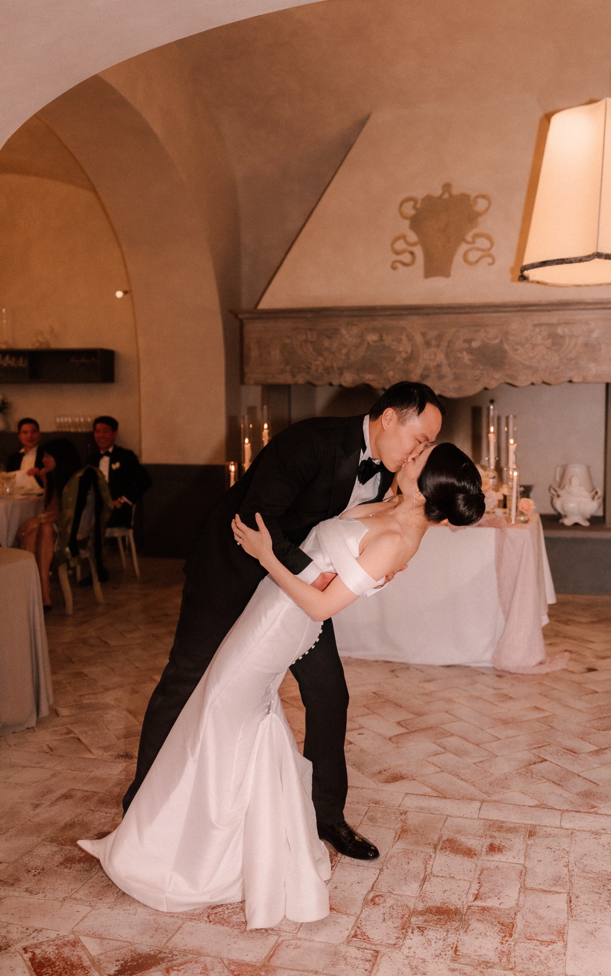 fitted off the shoulder satin wedding dress