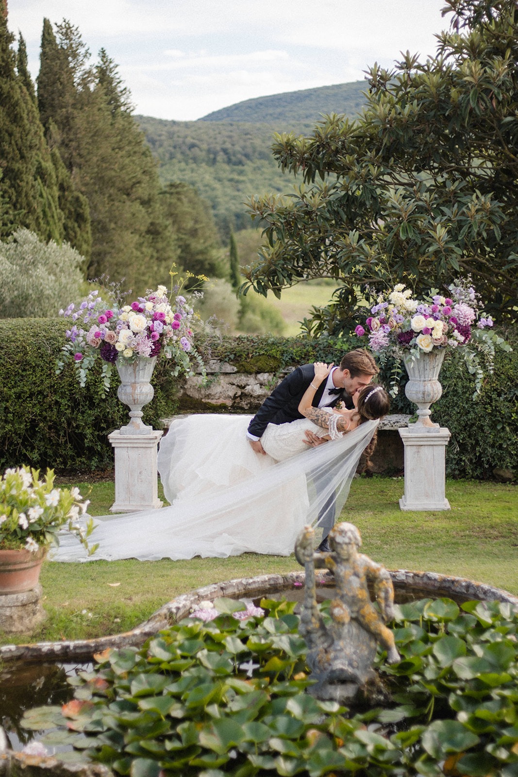 purple and white floral arrangements