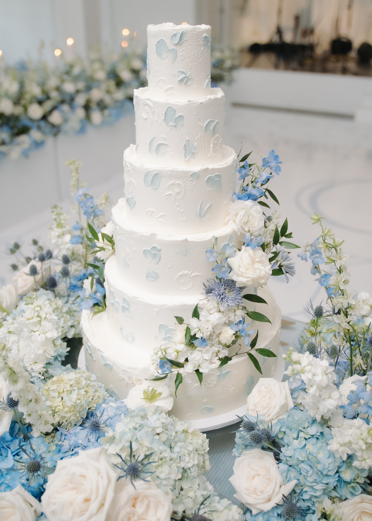 simple blue and white wedding cake