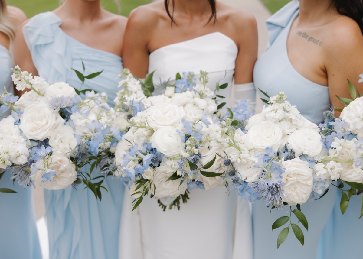 one shoulder blue and white bridesmaid dresses
