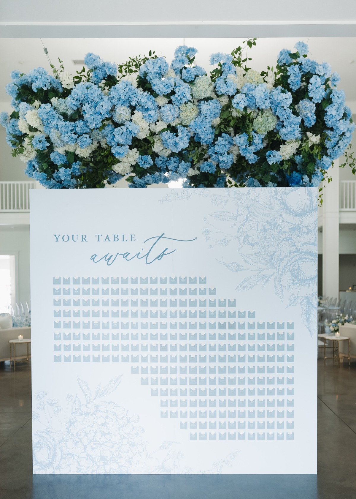 simple blue and white escort display for wedding