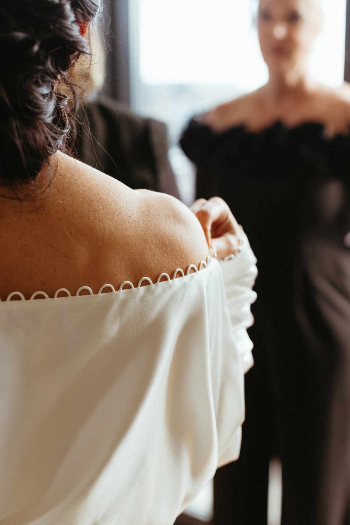 off the shoulder long sleeve wedding gown