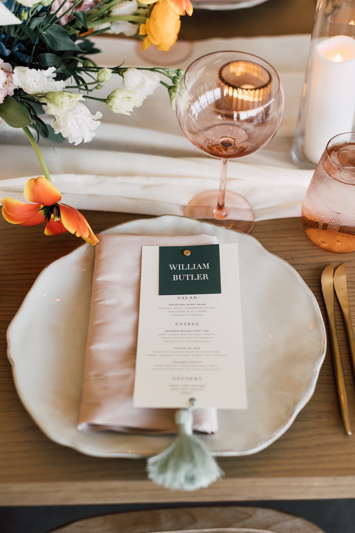 blush glasses for wedding tablescape