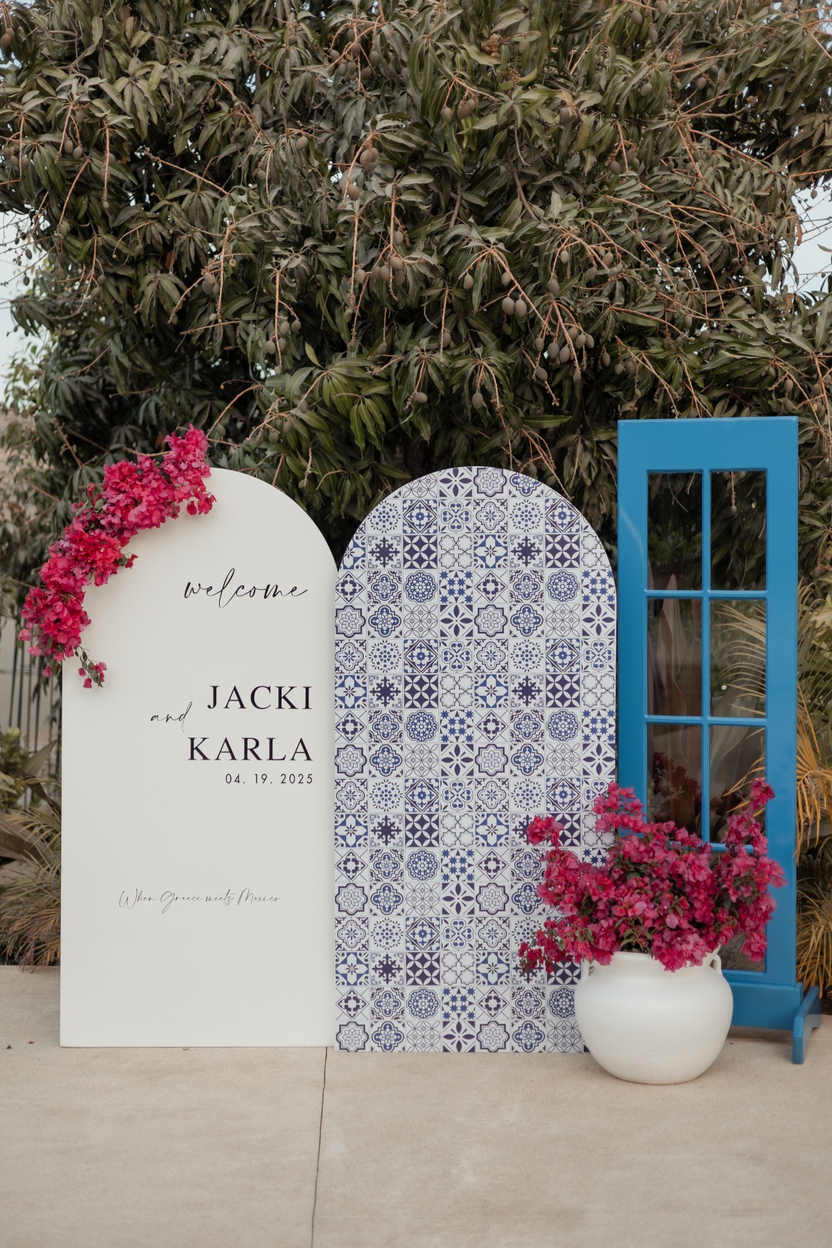 Greek-inspired welcome sign
