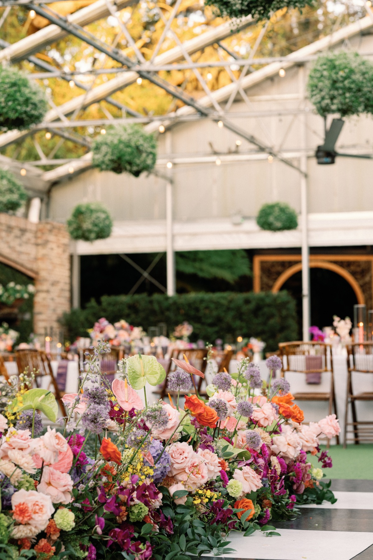 black white and pastel wedding reception
