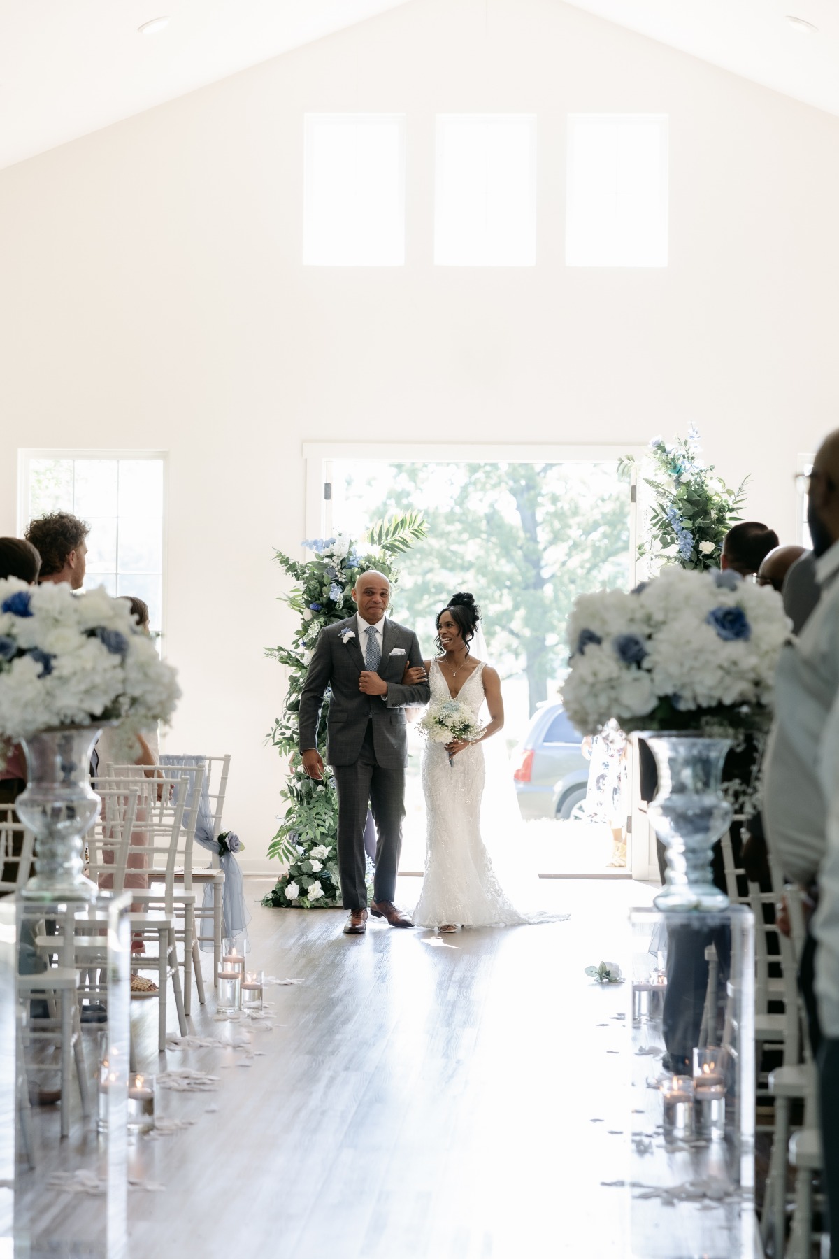 white hydrangea wedding ceremony floral arrangements