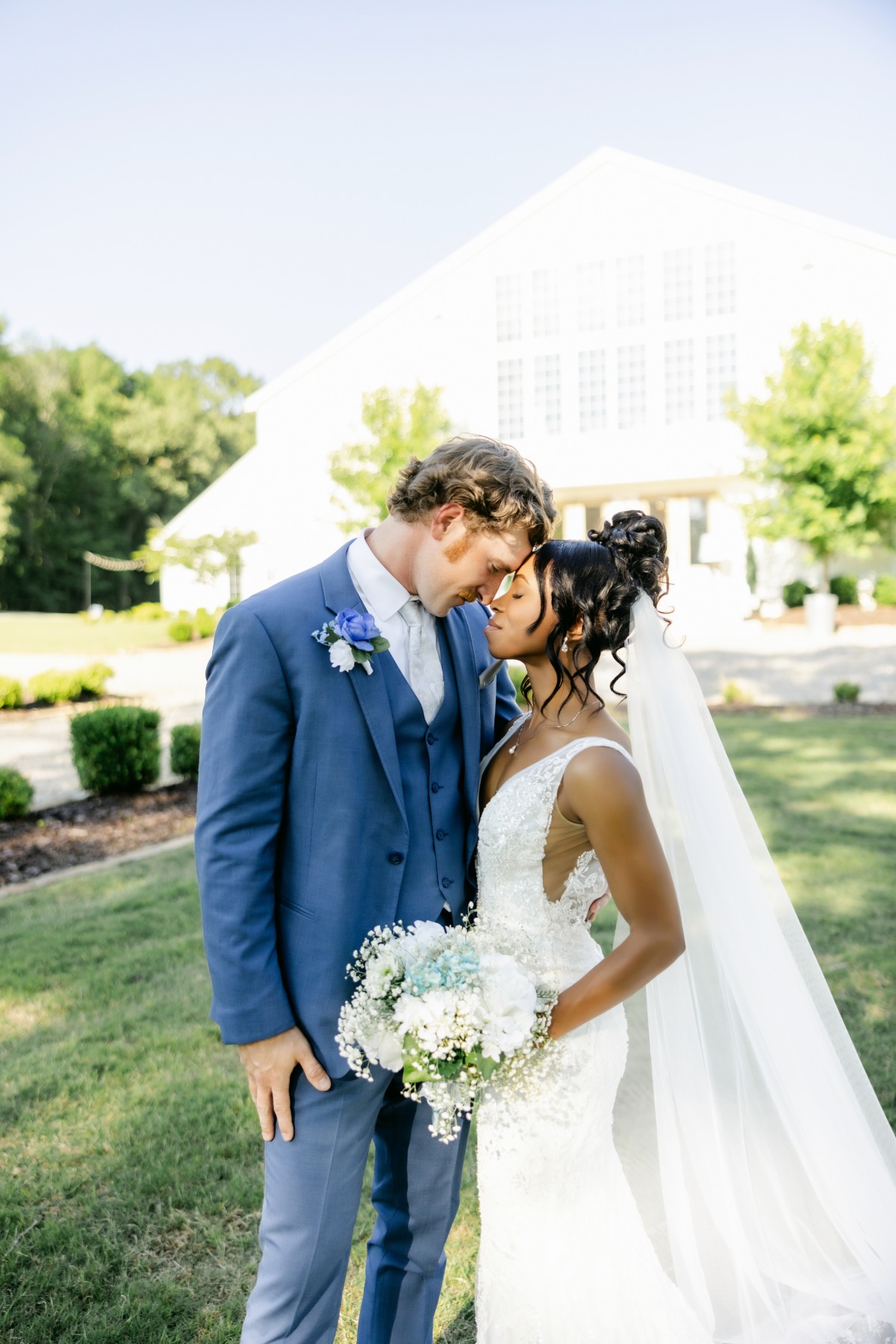 blue and white boutonniere