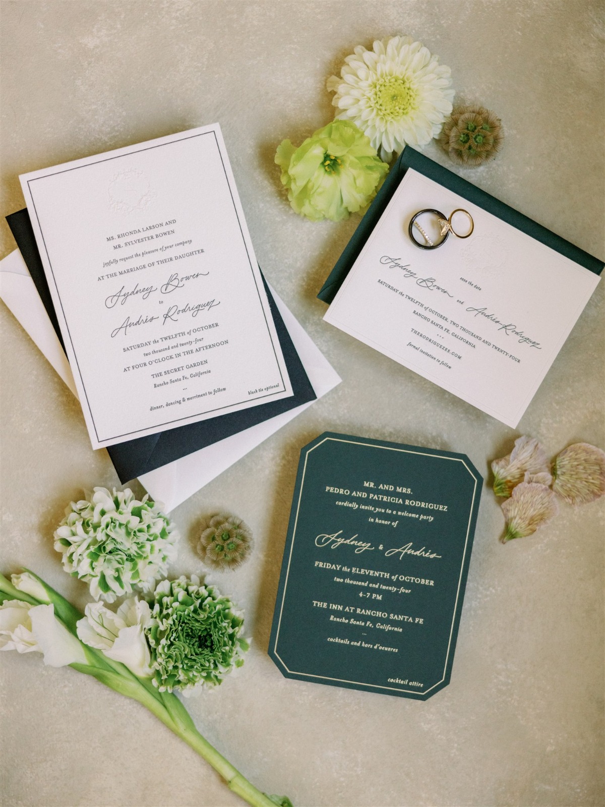 dark green and white wedding invitations