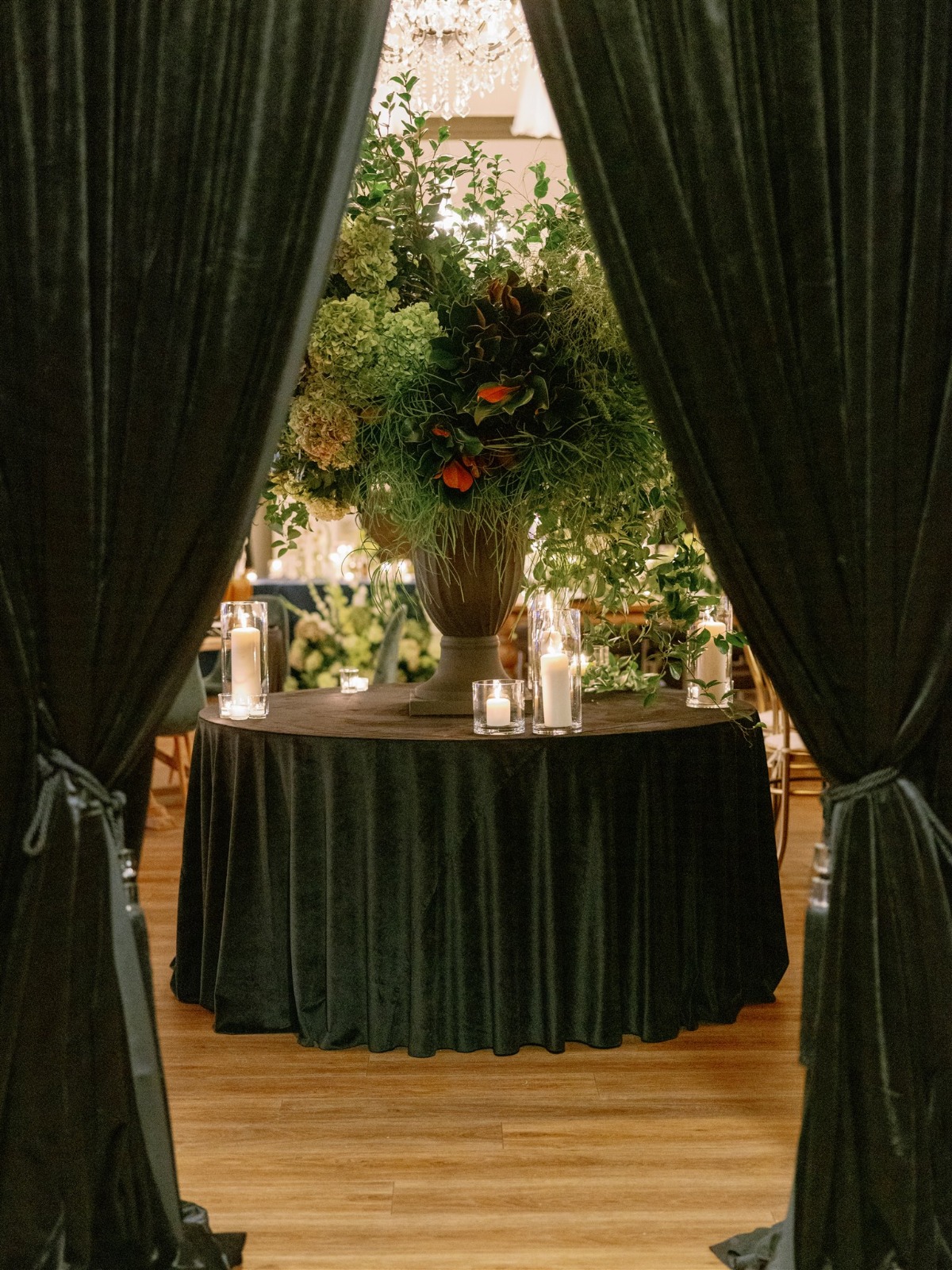 draped curtain wedding reception entrance