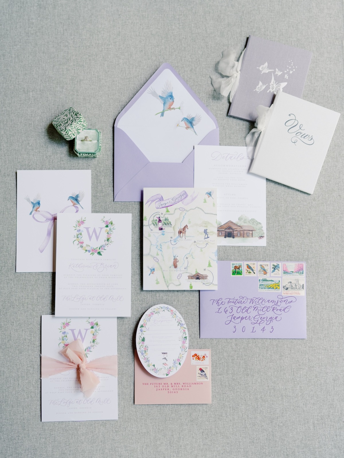 lavender invitation suite for wedding with birds