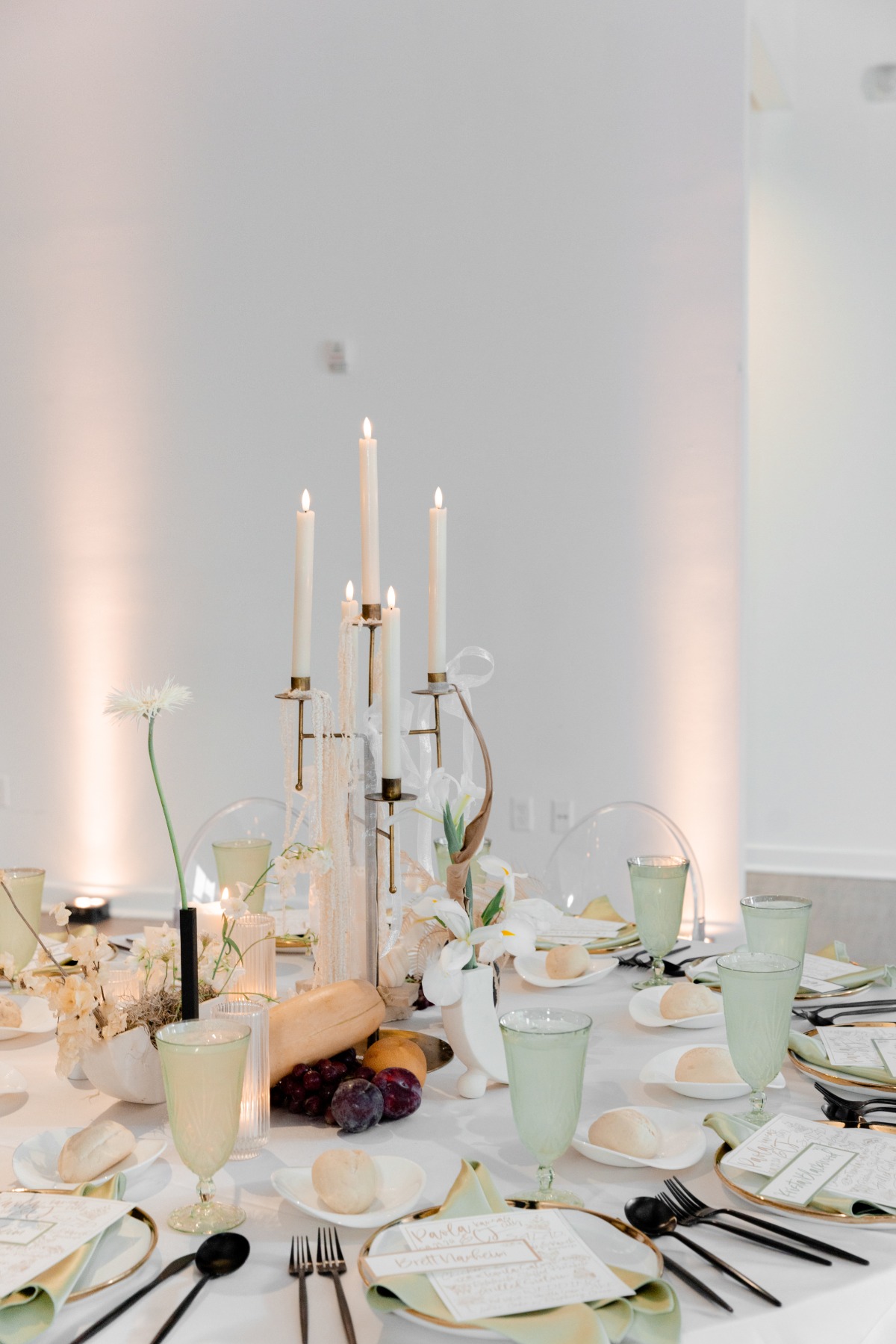 white and gold and fruit centerpieces
