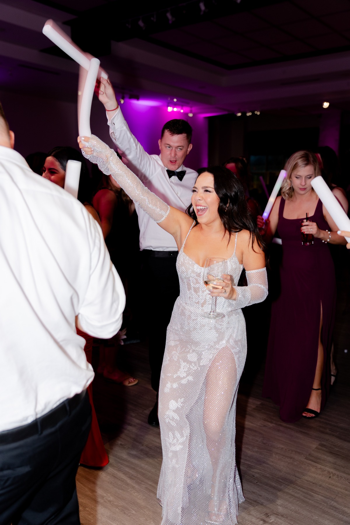 sheer silver wedding reception dress
