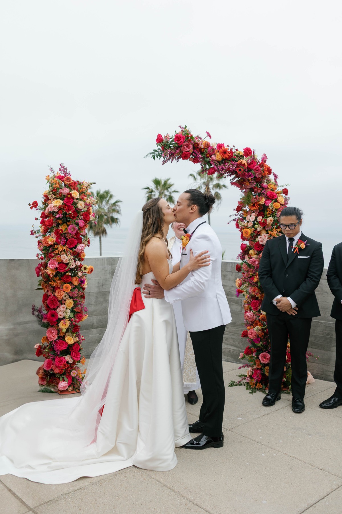 red pink and orange floral installation