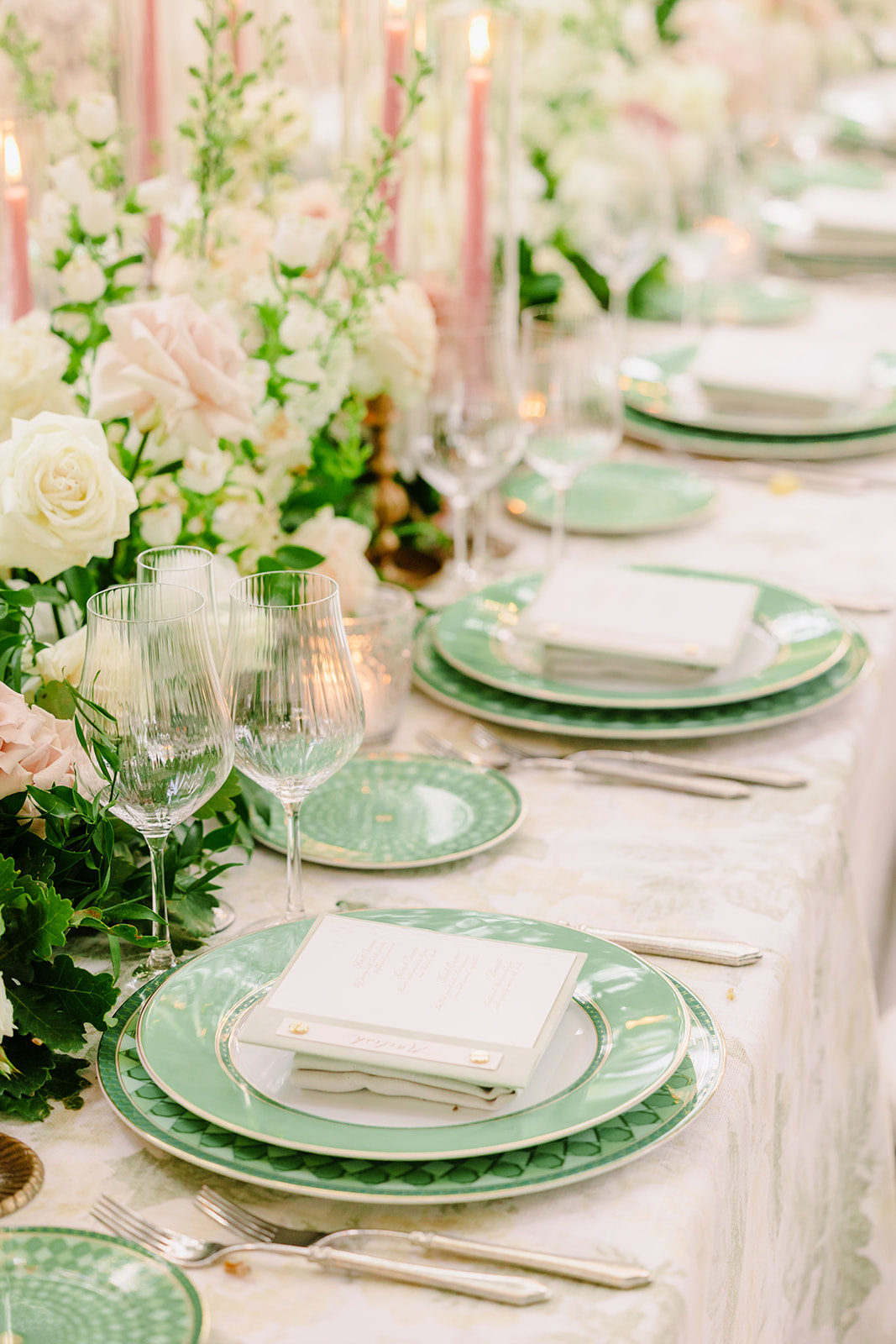 green and pink wedding tablescape