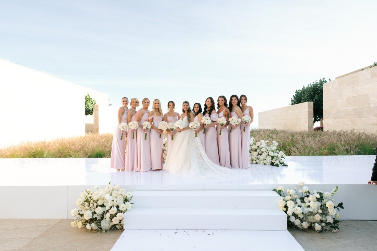 bridesmaids in blush dresses