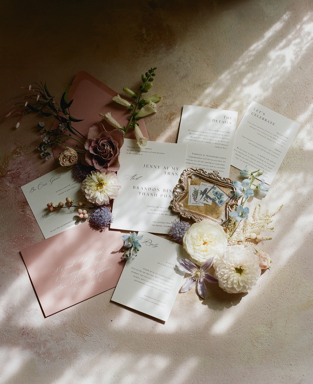 white and light pink wedding invitations