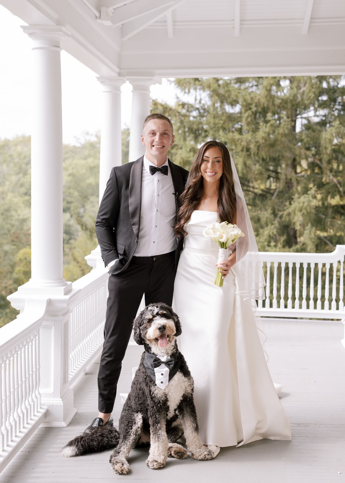 bride and groom with dog