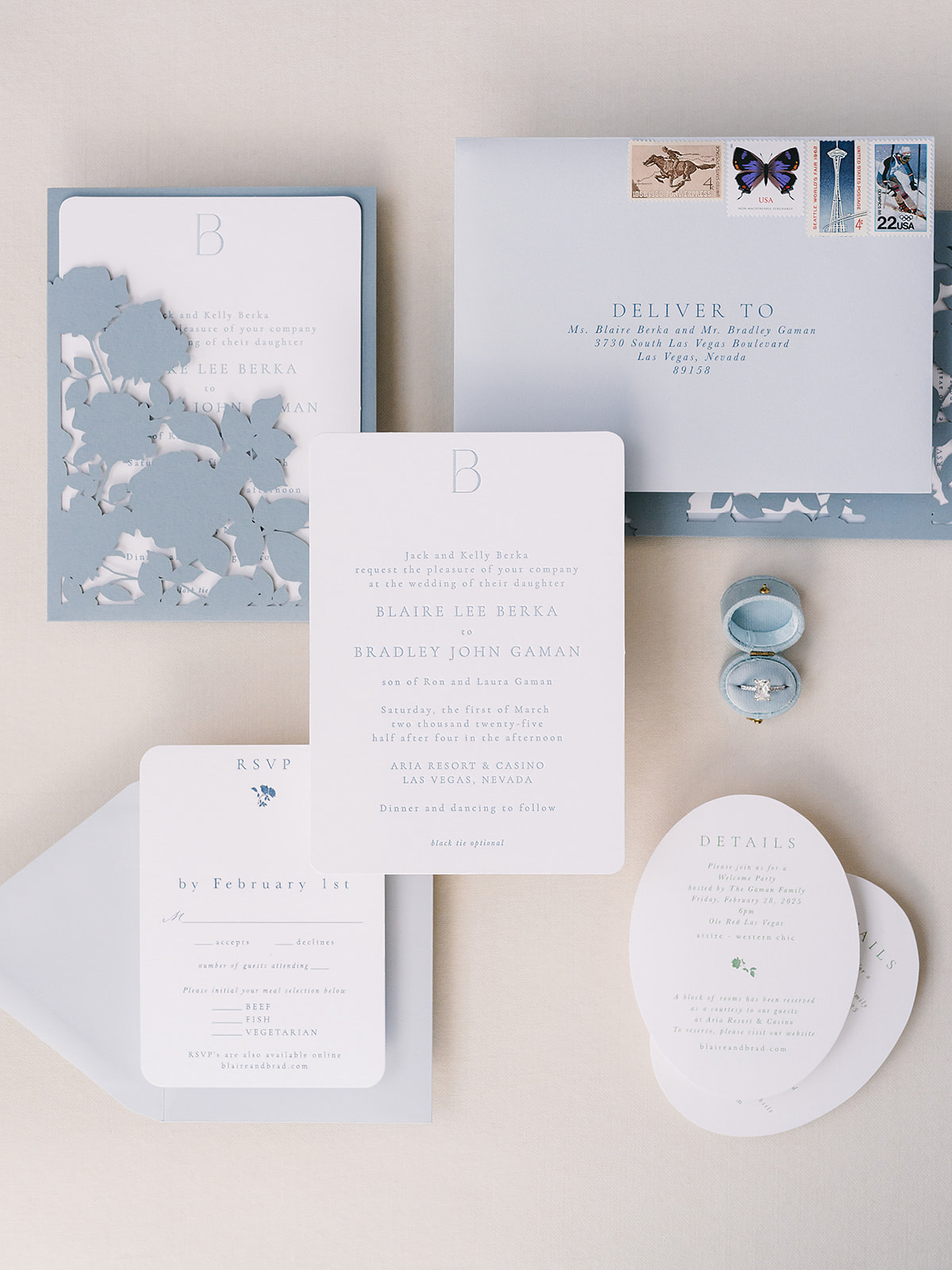 modern and elegant blue and white wedding stationery suite