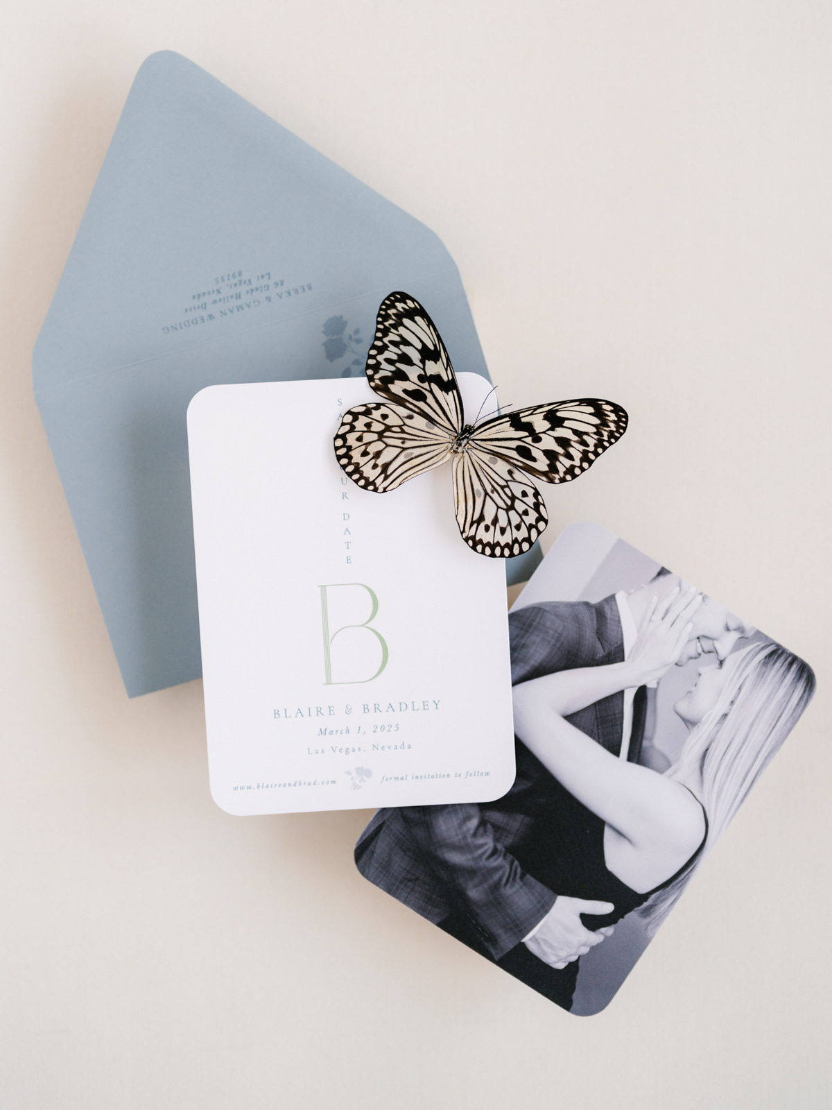 blue and white save the dates
