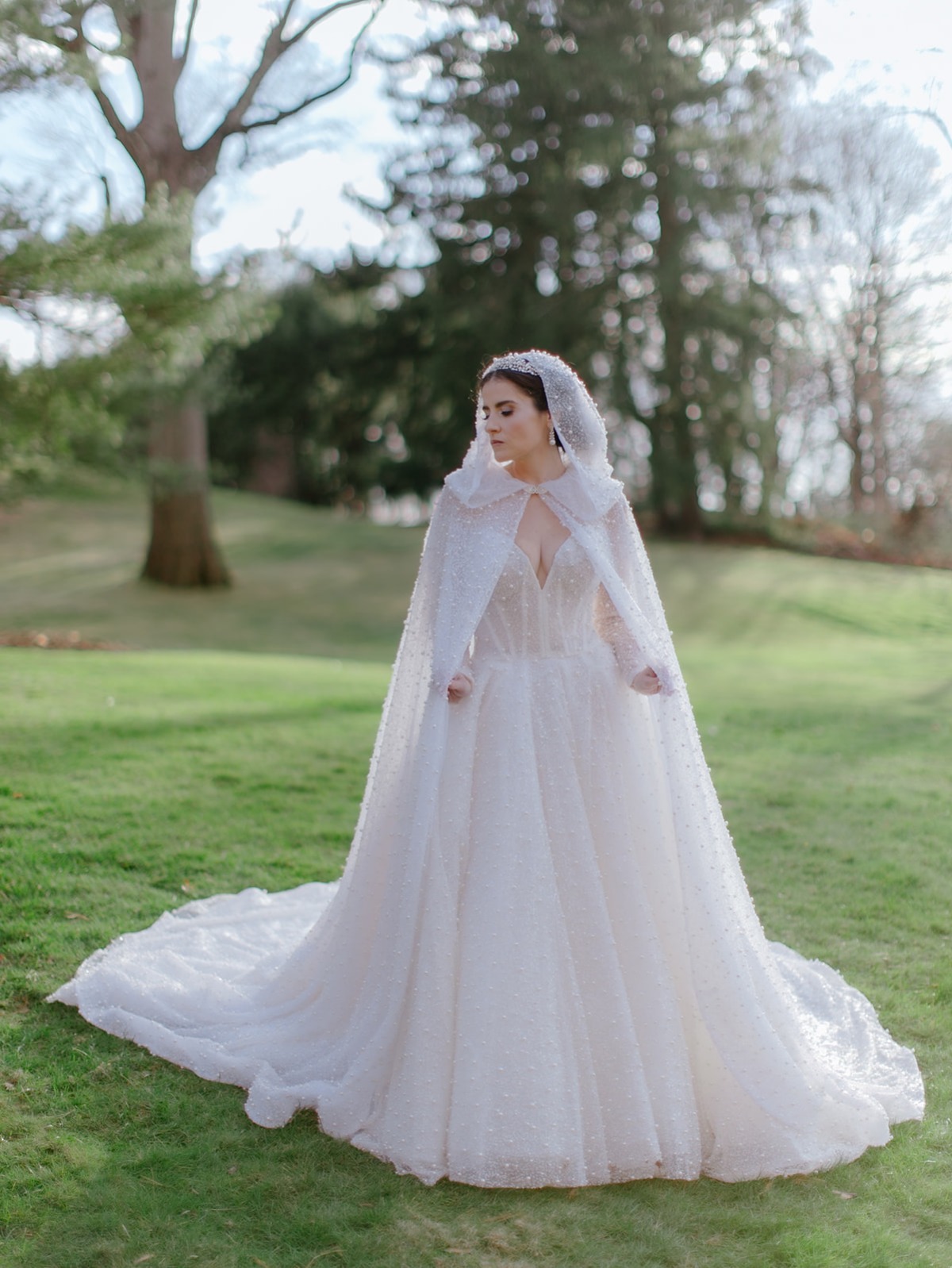 bridal cape with hood and pearl beading