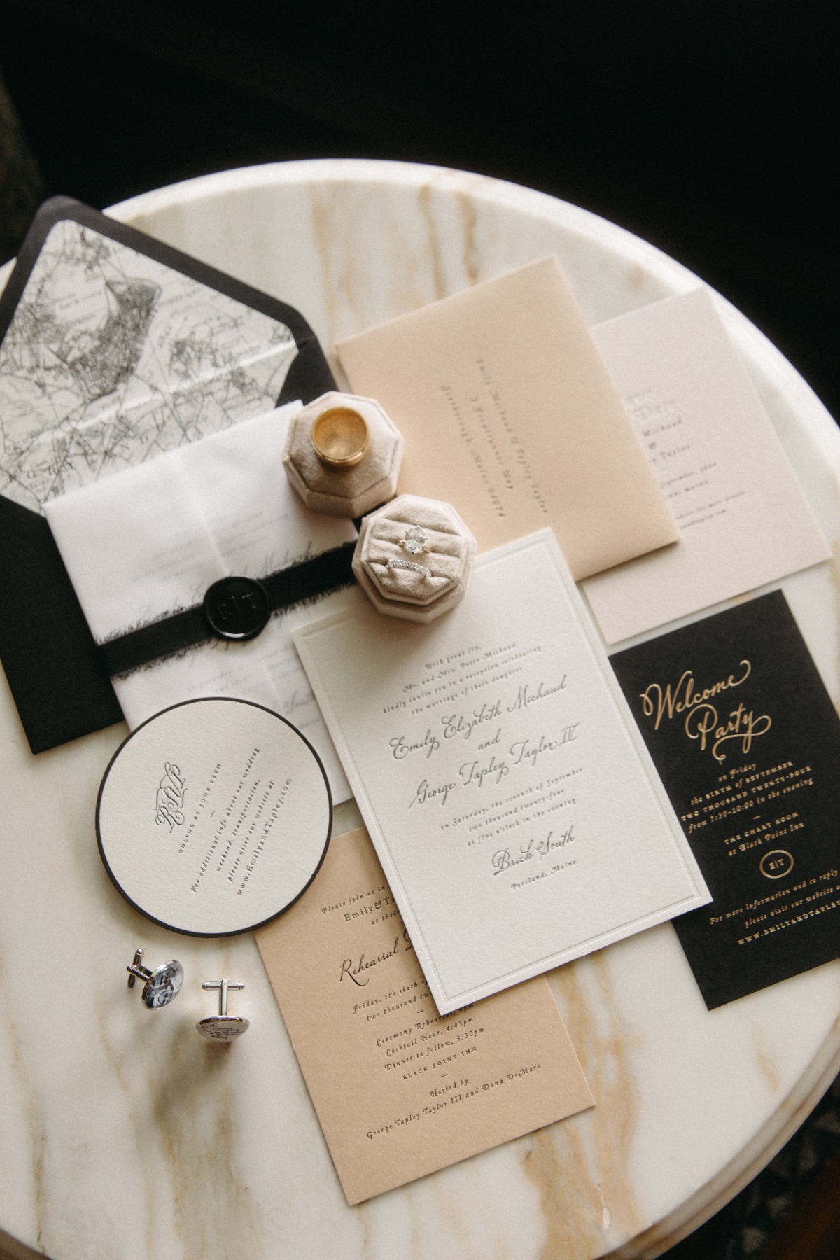 black ivory and champagne wedding invitations
