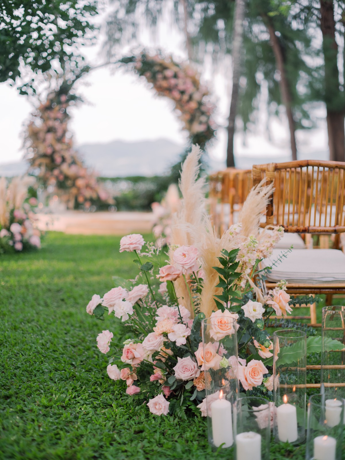 blush roses and pampas grass