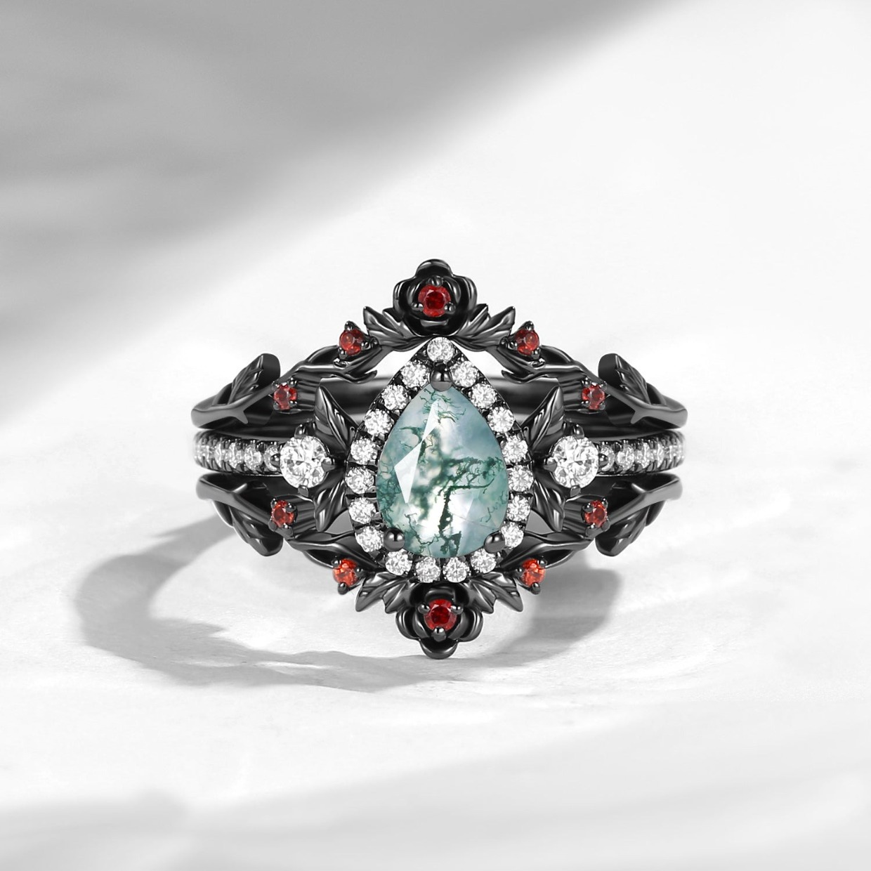 moss agate halo ring set by starlandus