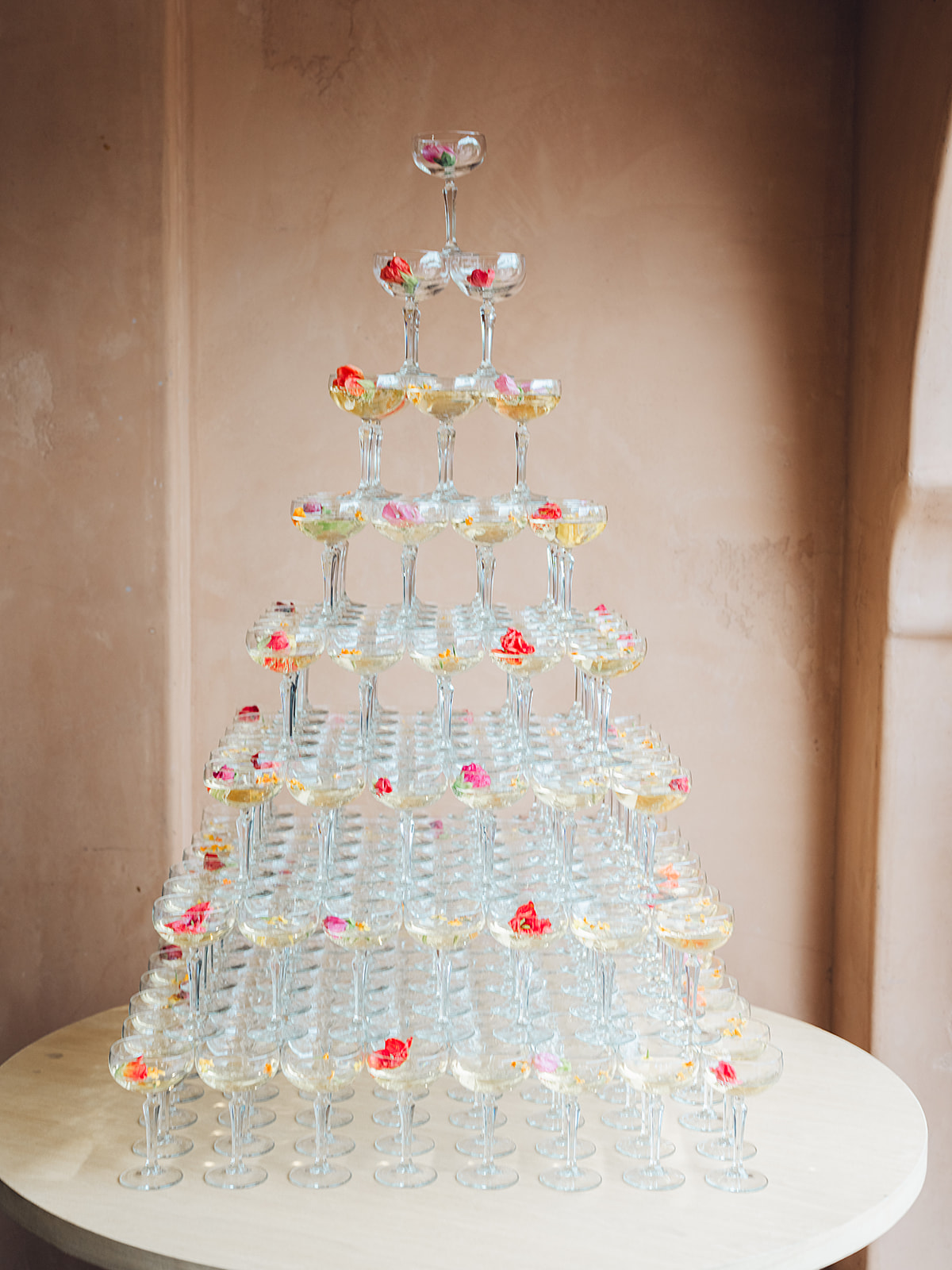 champagne tower with flowers