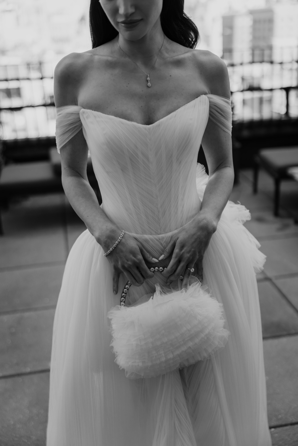 ruffled white bridal purse