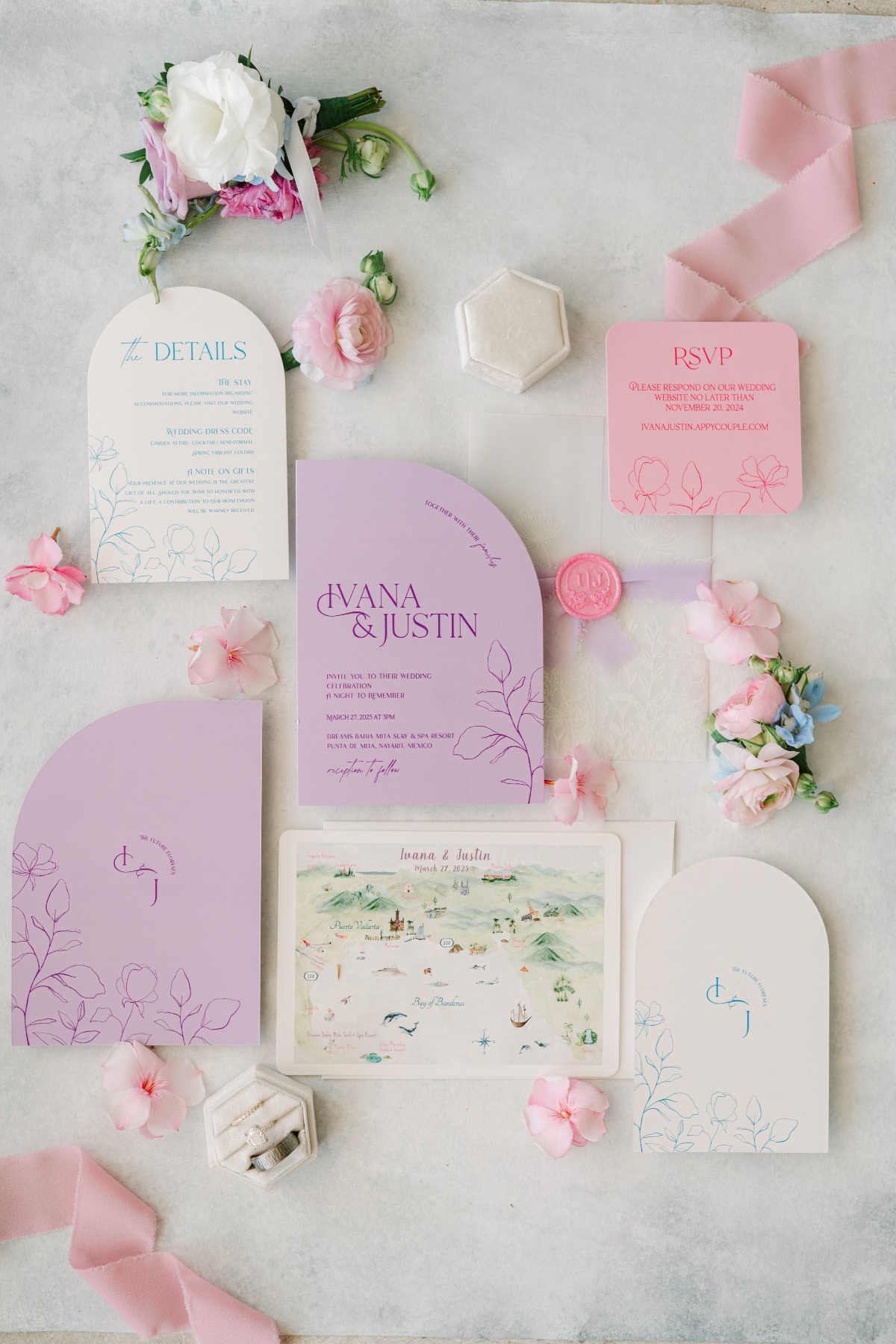 pink purple and white wedding invitations