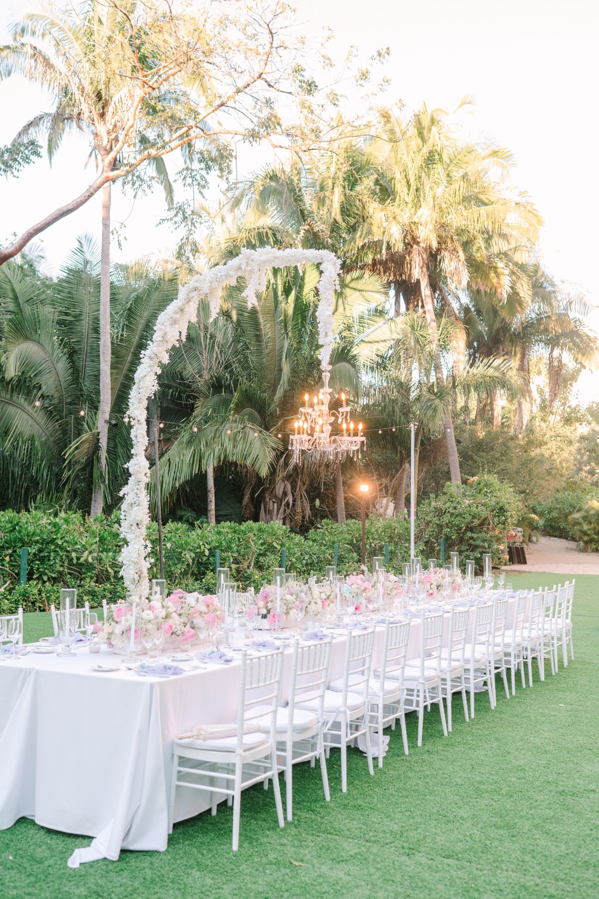 all white with pop of pink wedding reception