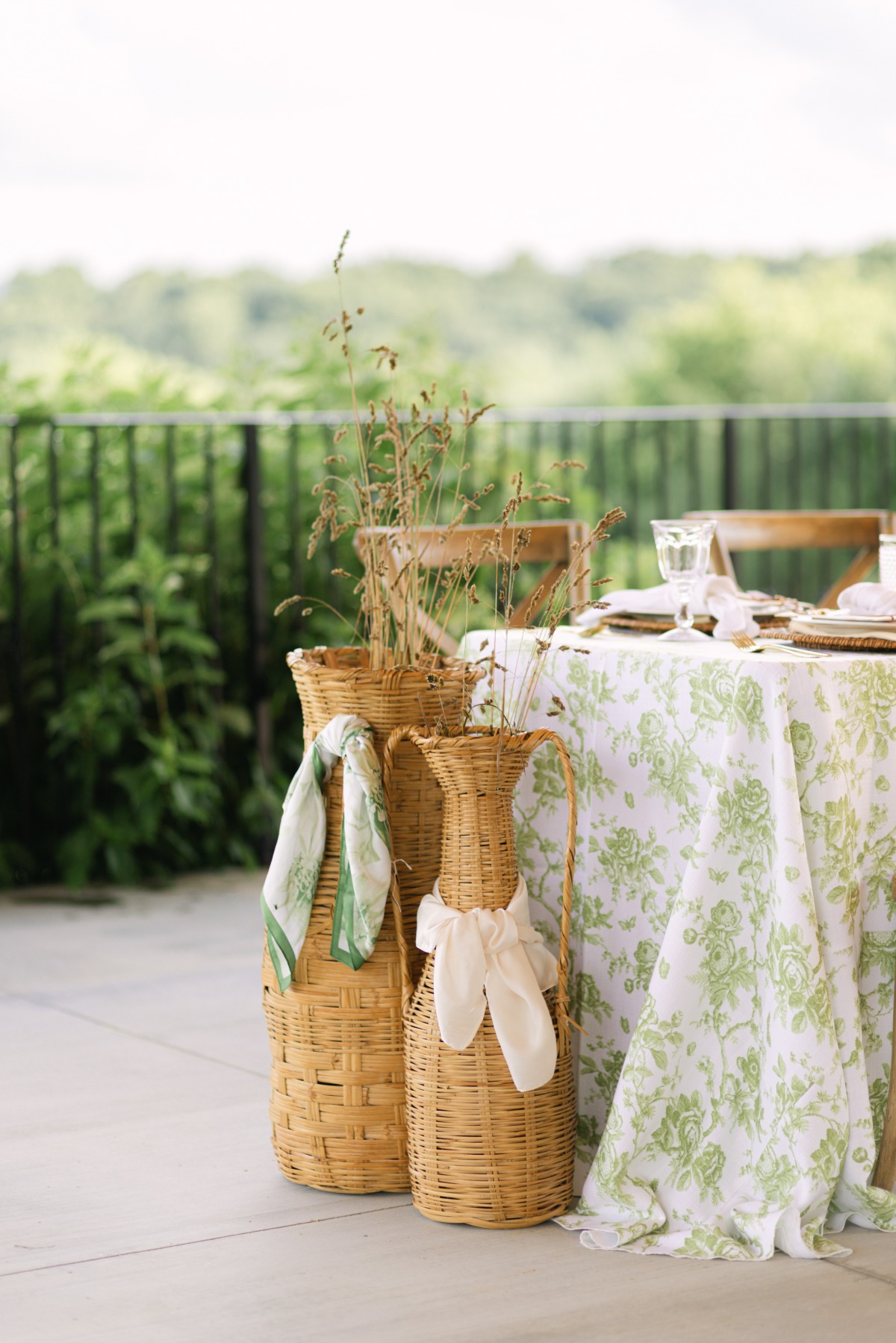 green toile linens for wedding reception
