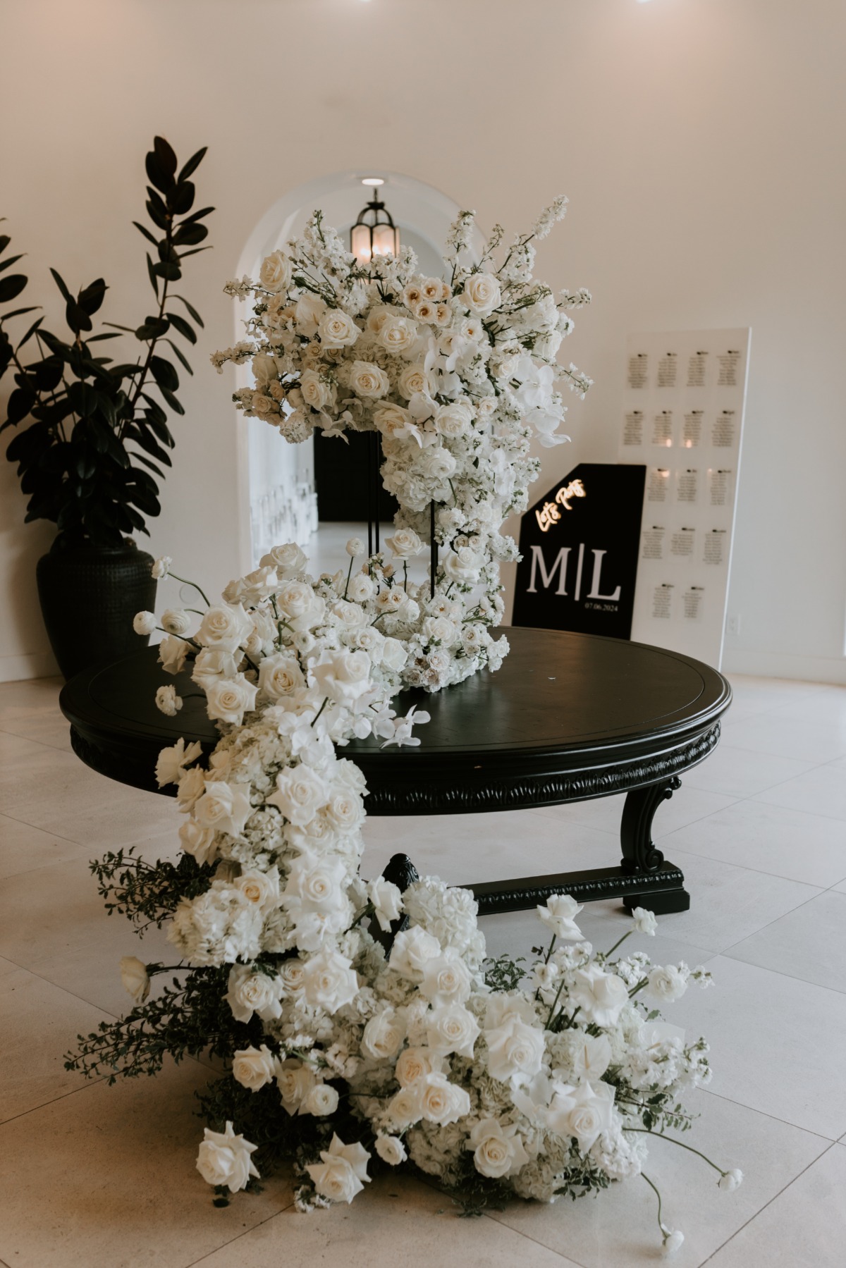 unique all white floral installation for wedding