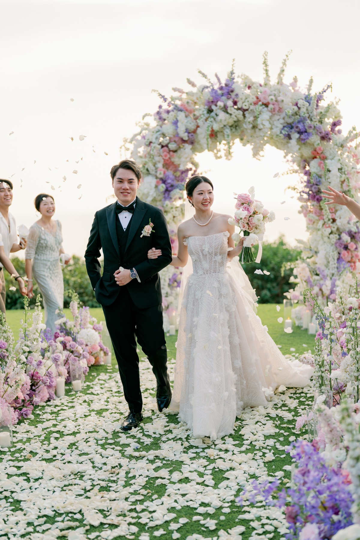 white rose petal wedding aisle