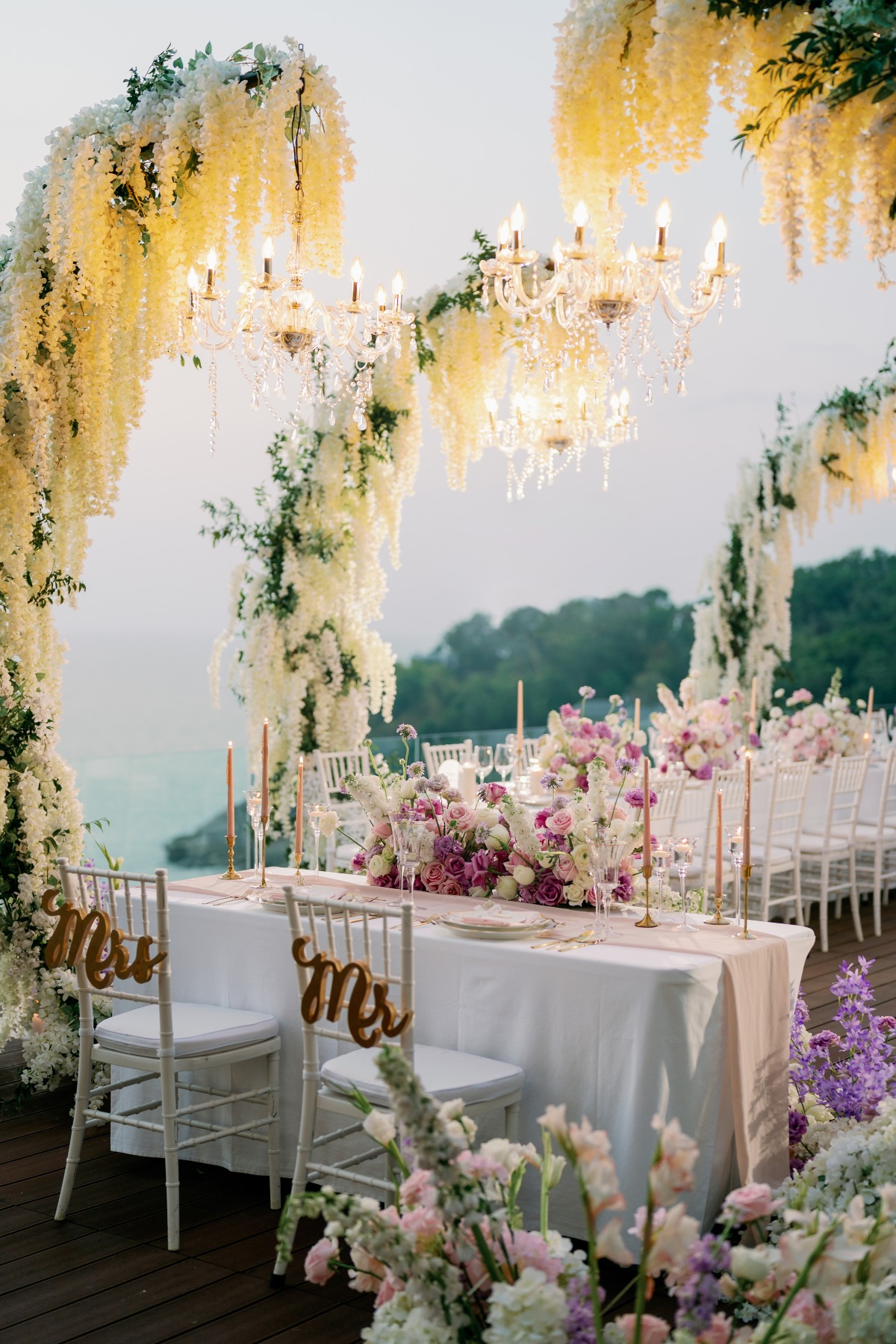 dripping wisteria floral installation