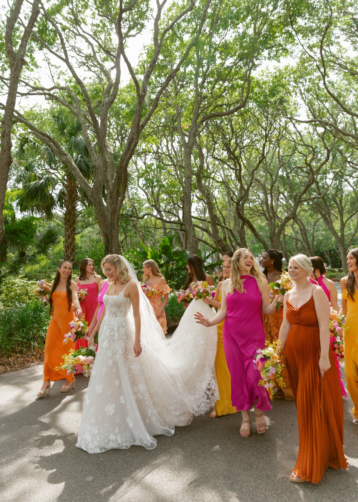 sunset colored bridesmaid dresses