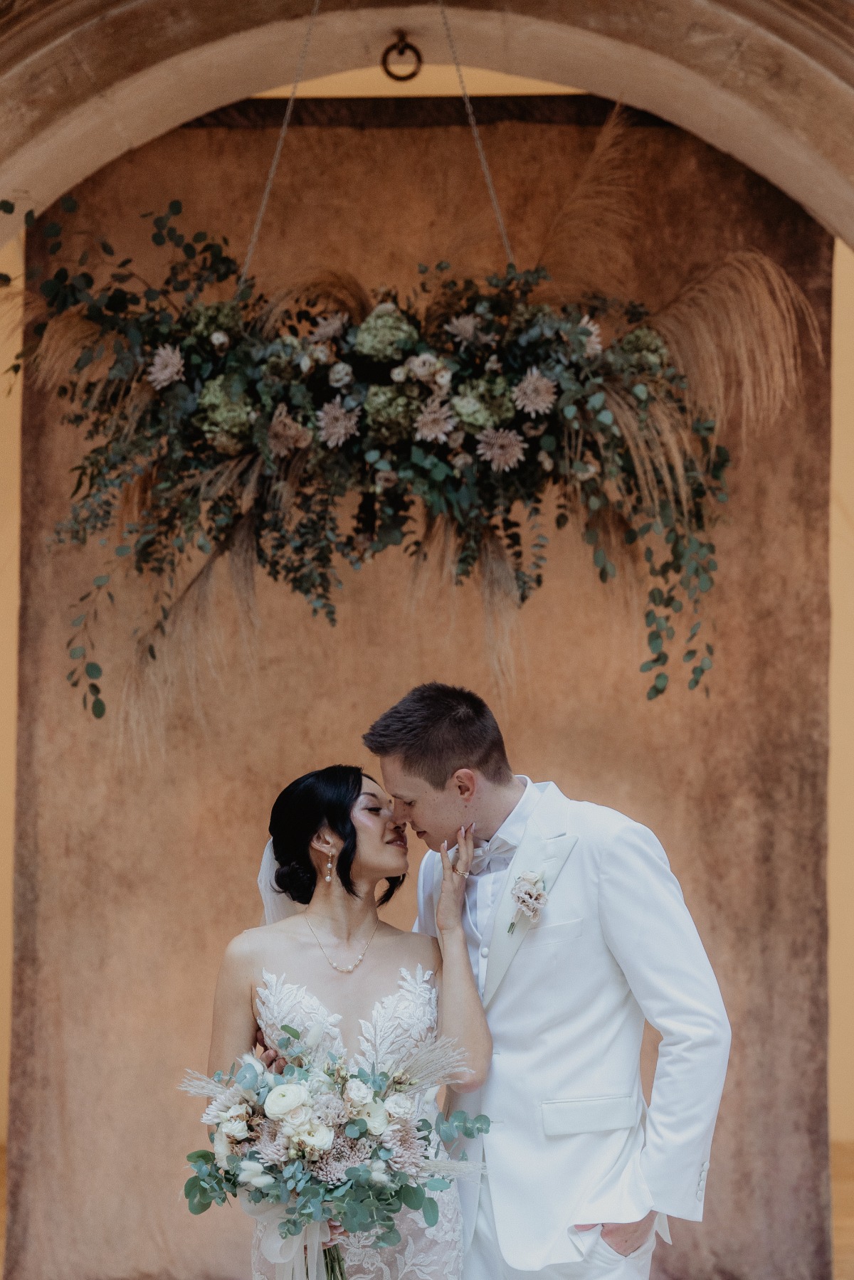 hanging floral installation for wedding ceremony